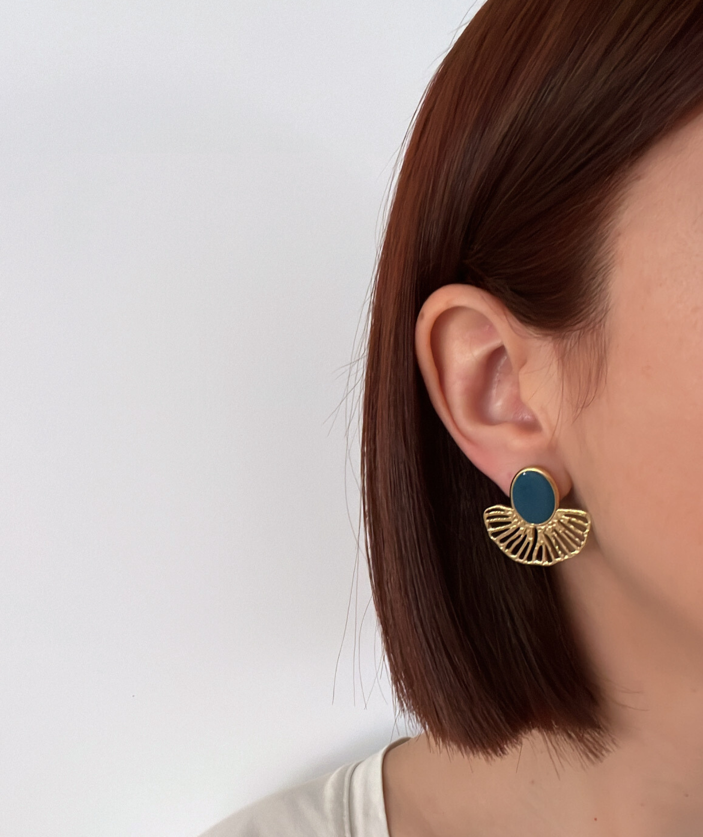 Norena bleu canard - Boucles d’oreilles éventails dorés & pastille