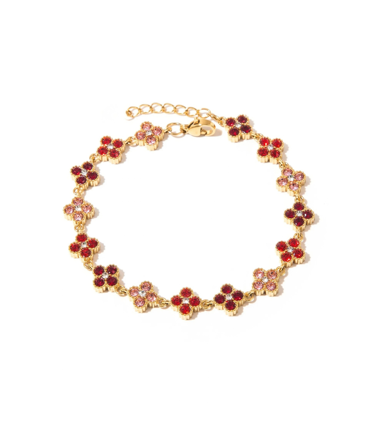 Eva rouge - Bracelet trèfles dorés et strass