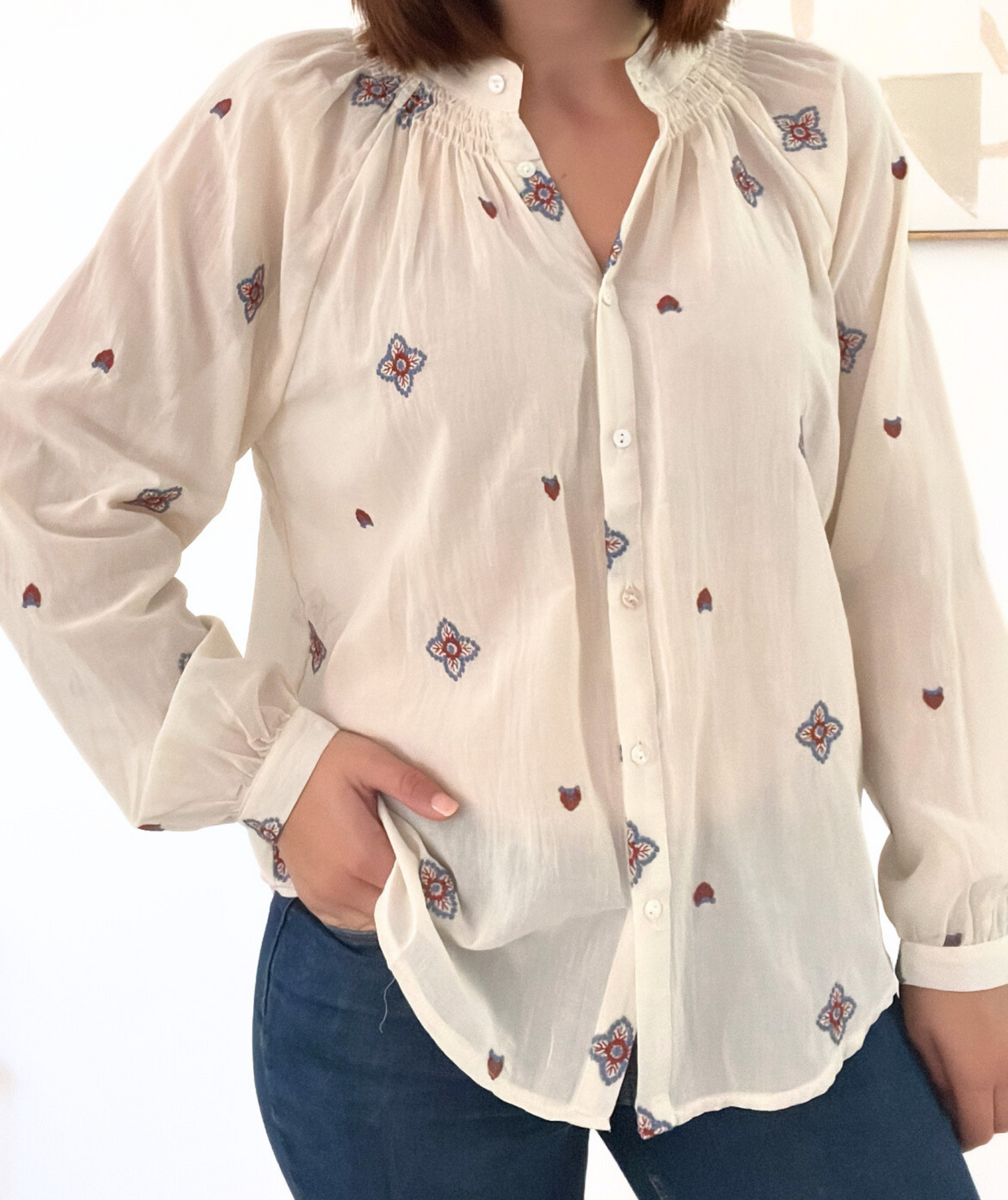 Valora - Chemise bohème écrue brodée
