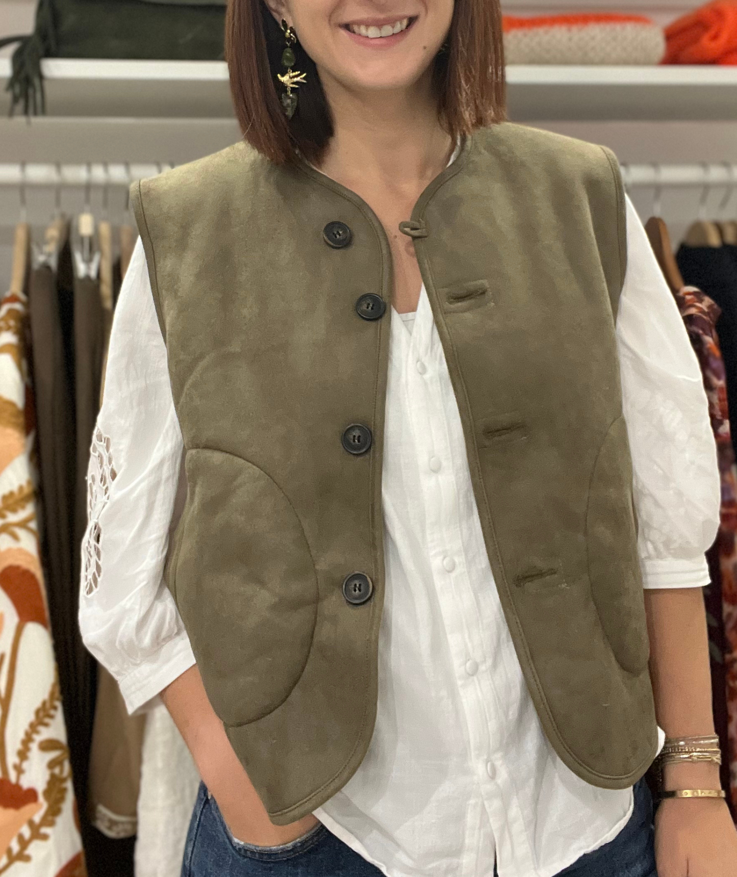 Emilia kaki - Gilet moumoute réversible