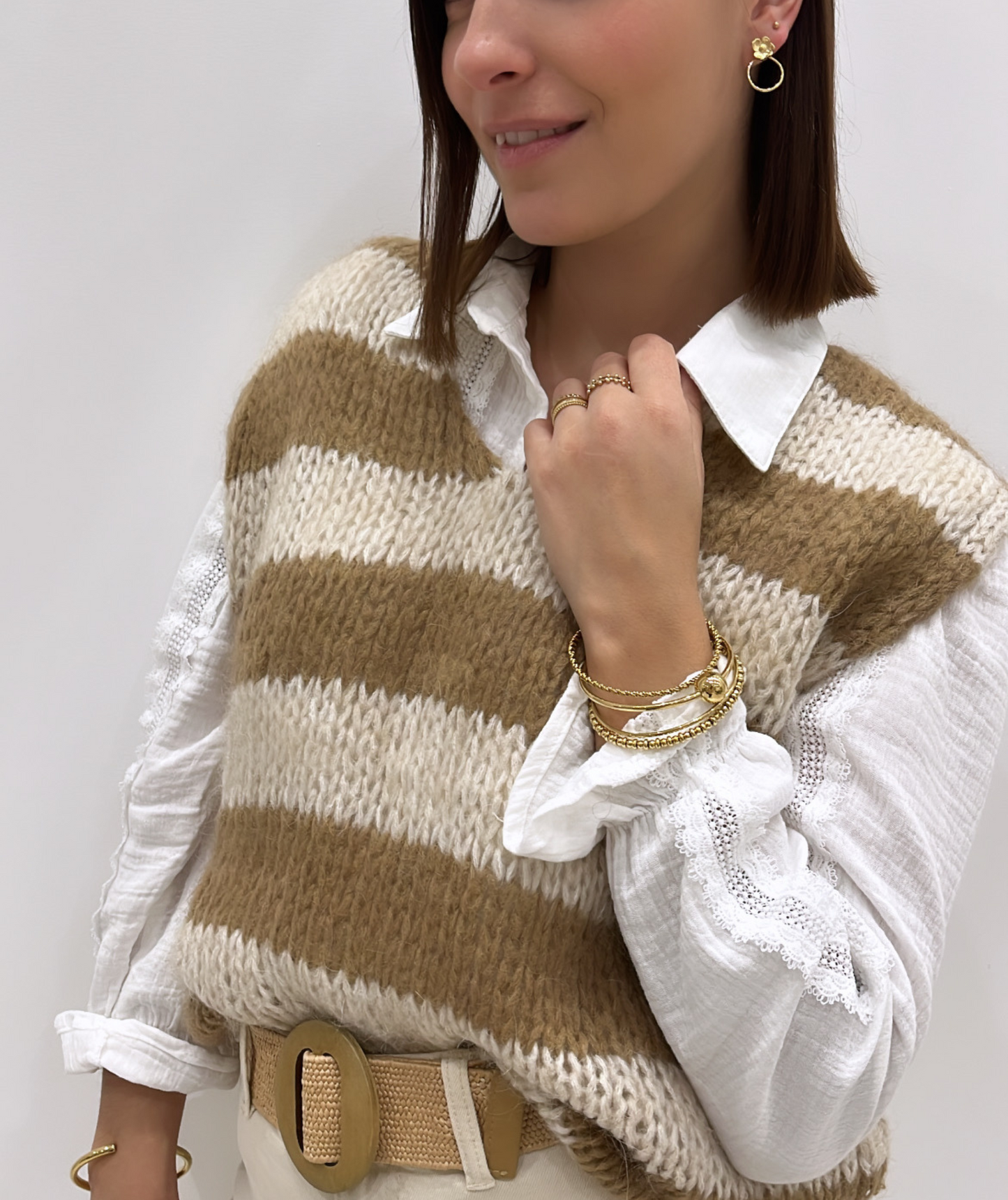 Pull maille sans manches rayé marron