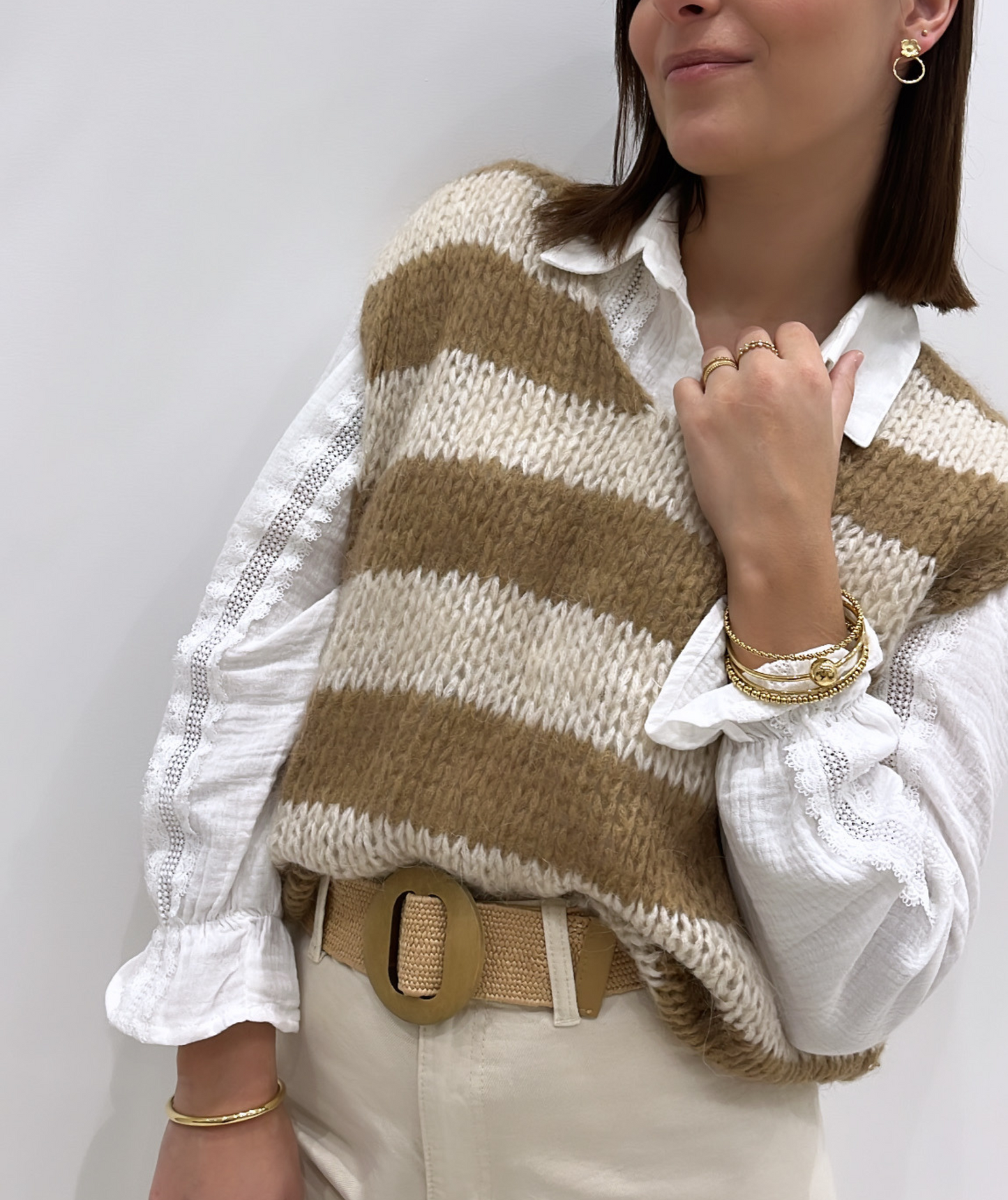 Pull maille sans manches rayé marron