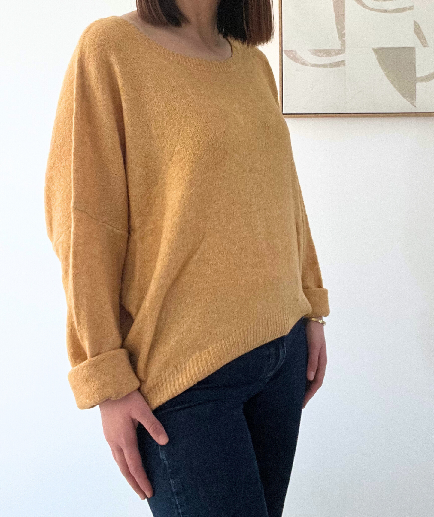Lauriane jaune moutarde - Pull fin col rond