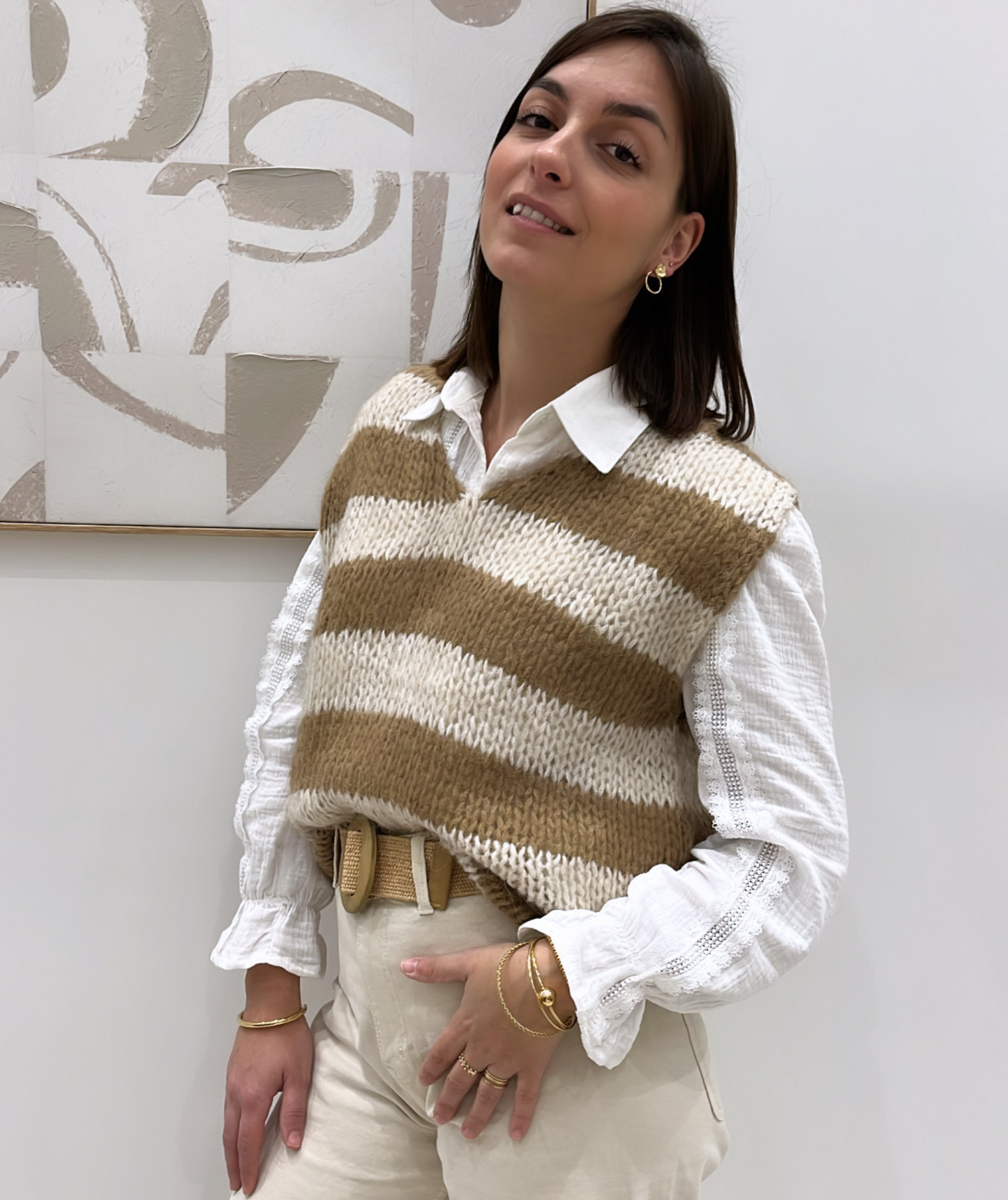 Pull maille sans manches rayé marron
