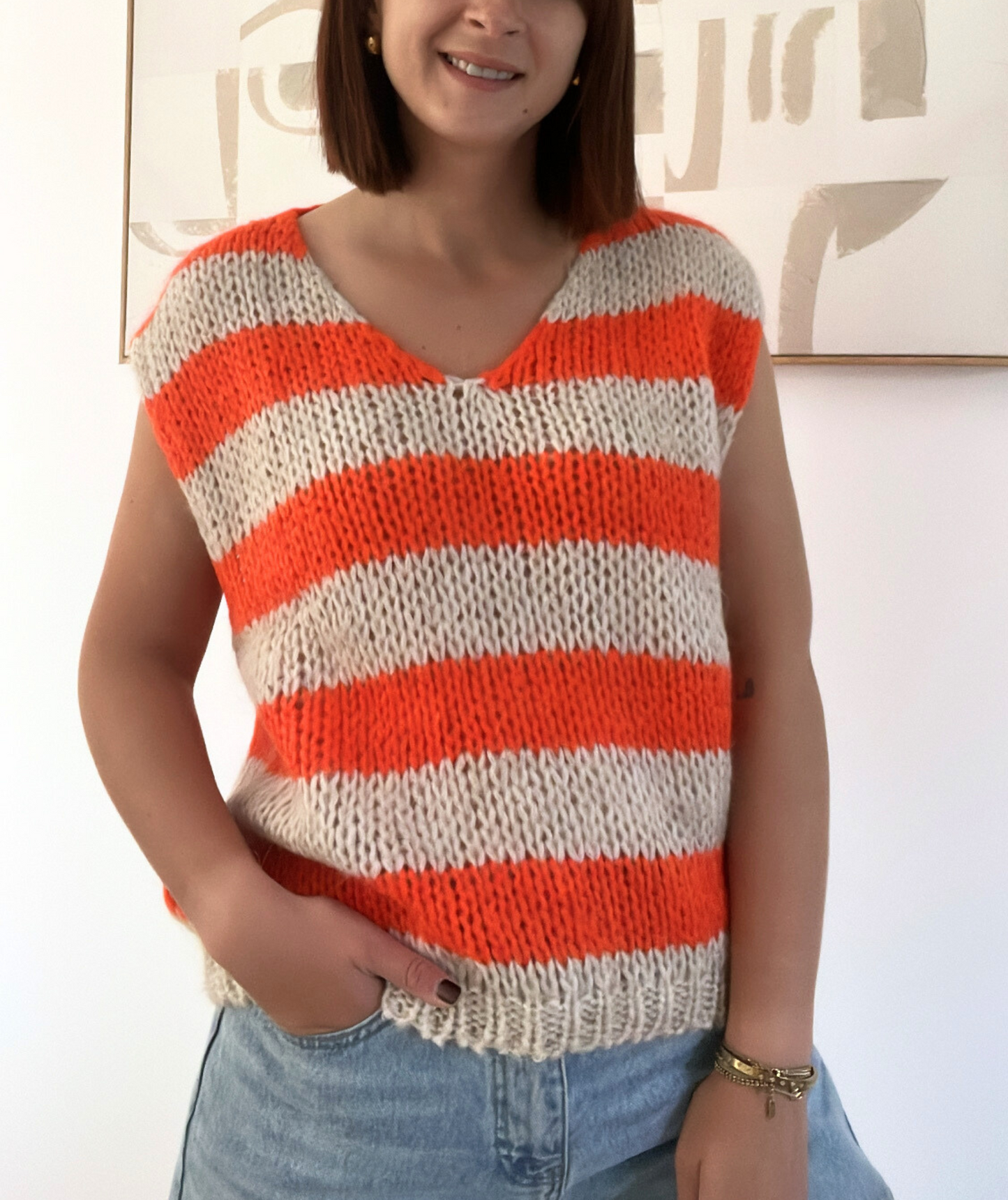 Pull maille sans manches rayé orange