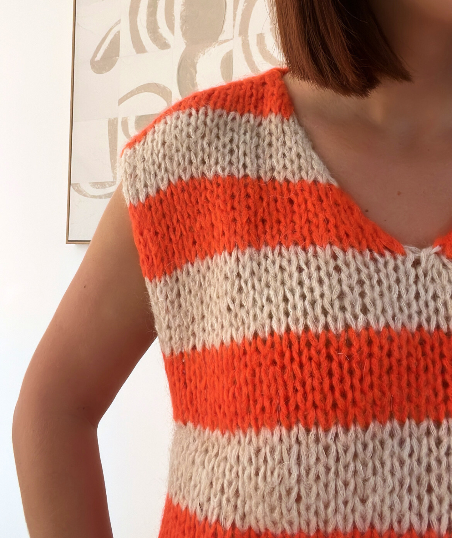 Pull maille sans manches rayé orange