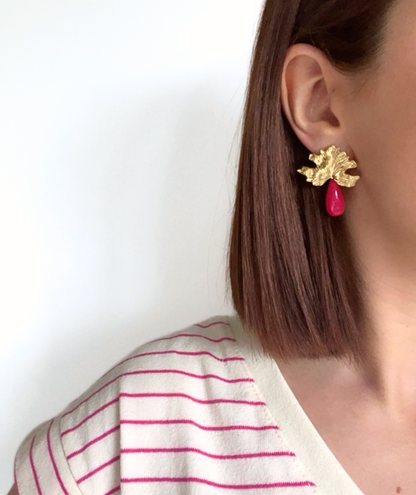 Alice - Boucles d’oreilles feuille dorée & goutte