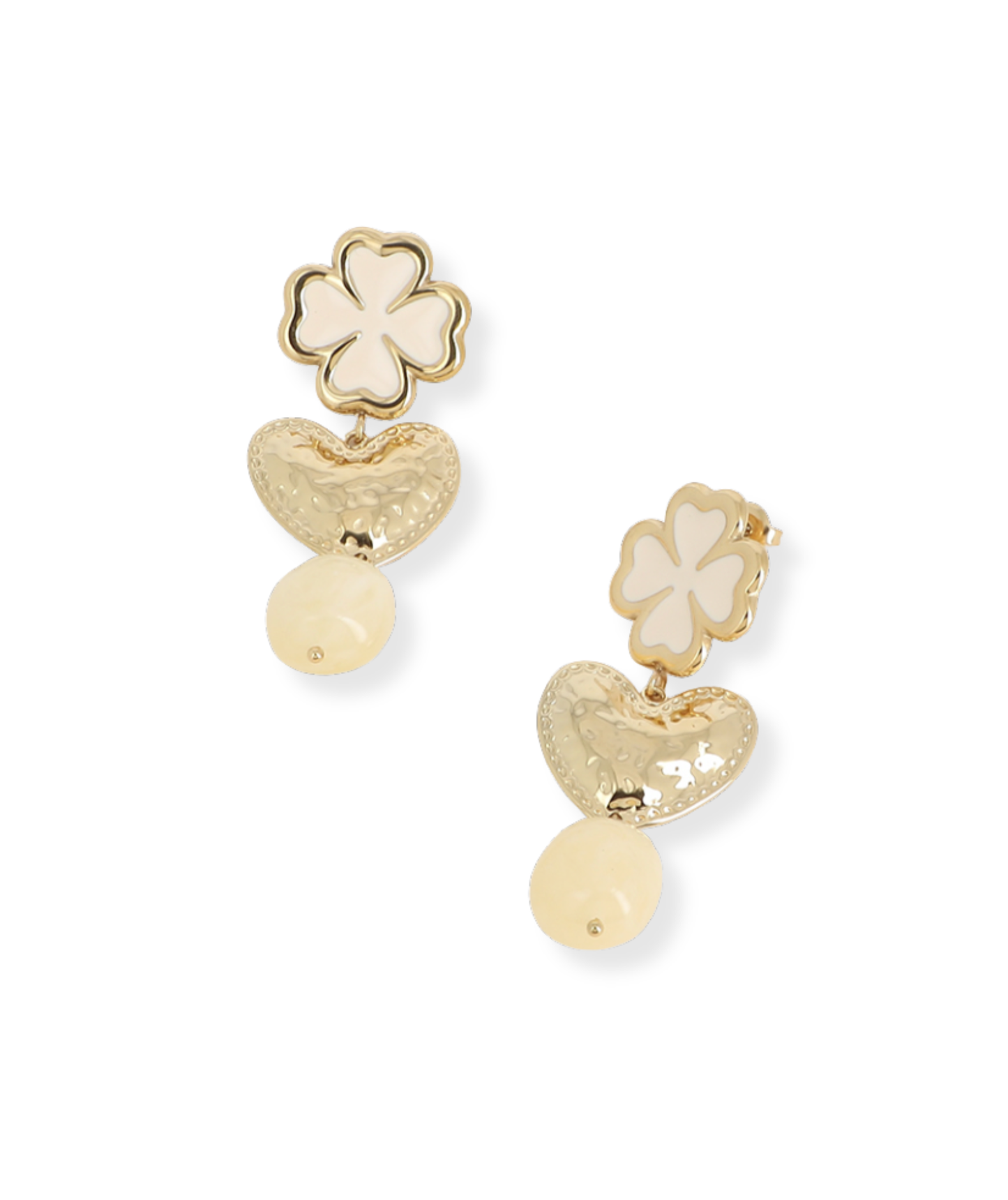 Fenella - Boucles d’oreilles trèfles dorés et perles crème