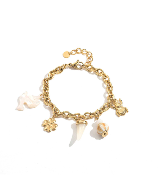 Galia - Bracelet chaîne dorée à breloques porte-bonheur