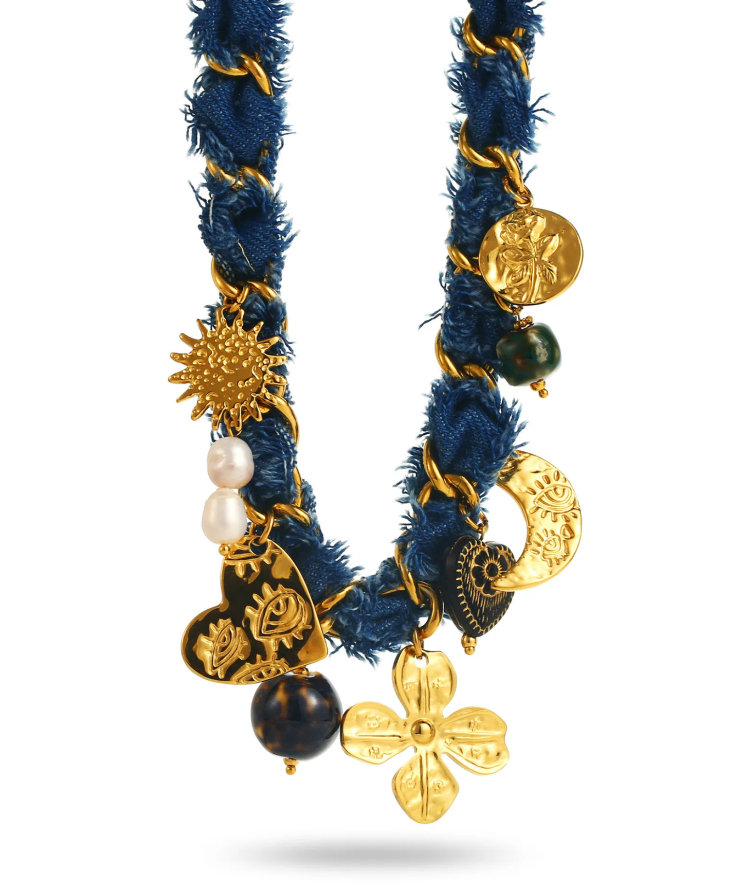 Billie – Collier denim bleu à breloques dorées