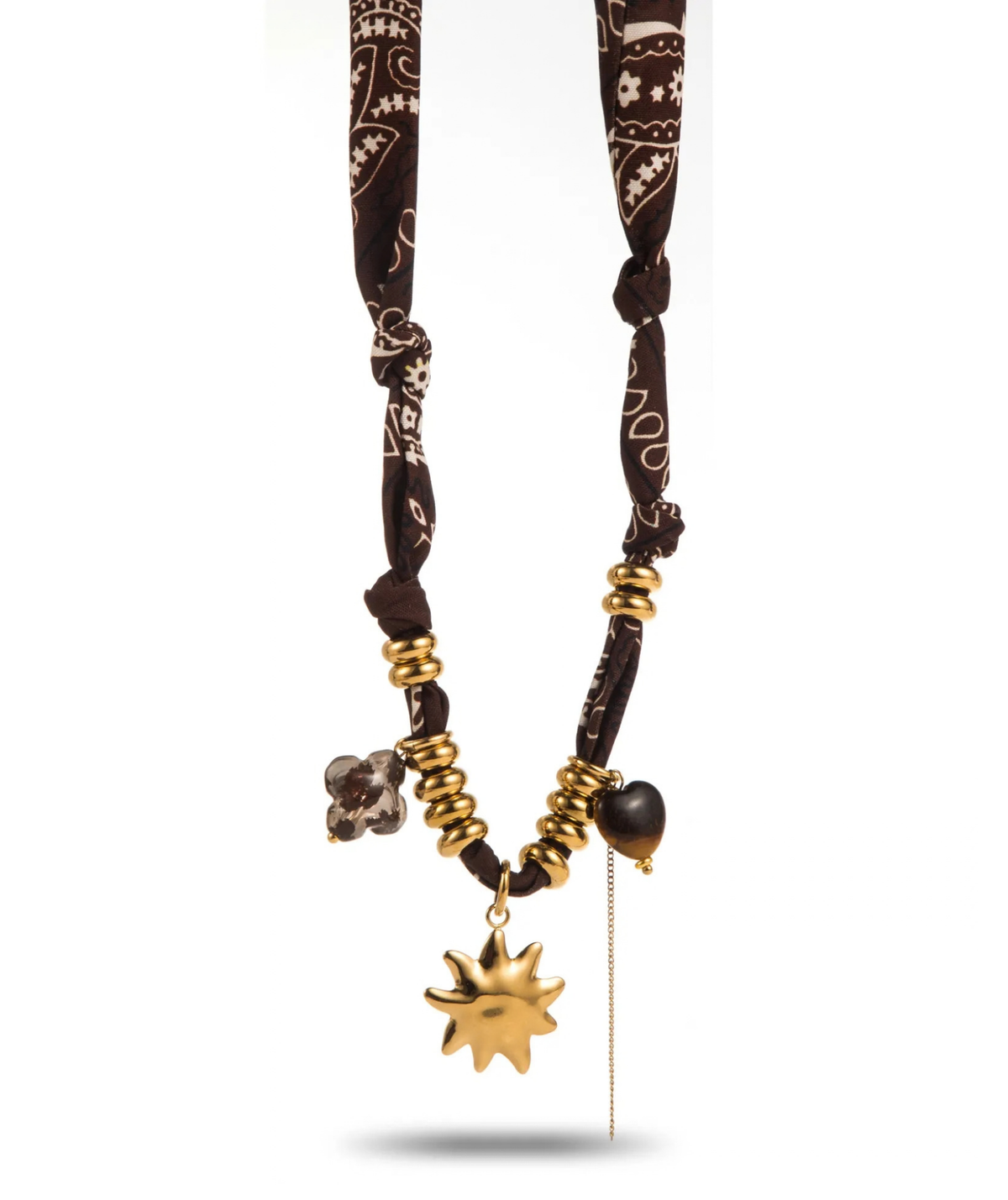Charlène - Collier bandana marron et soleil doré