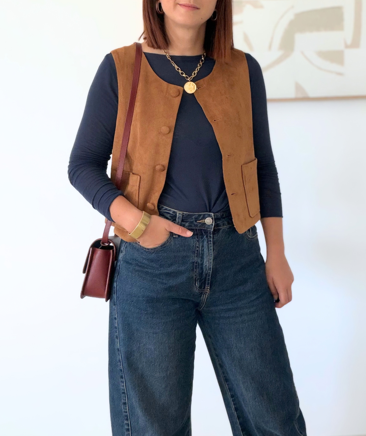 Ninon - Gilet sans manches camel effet suédine