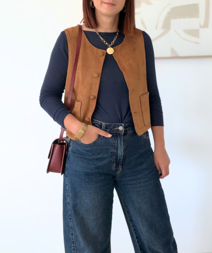 Ninon - Gilet sans manches camel effet suédine
