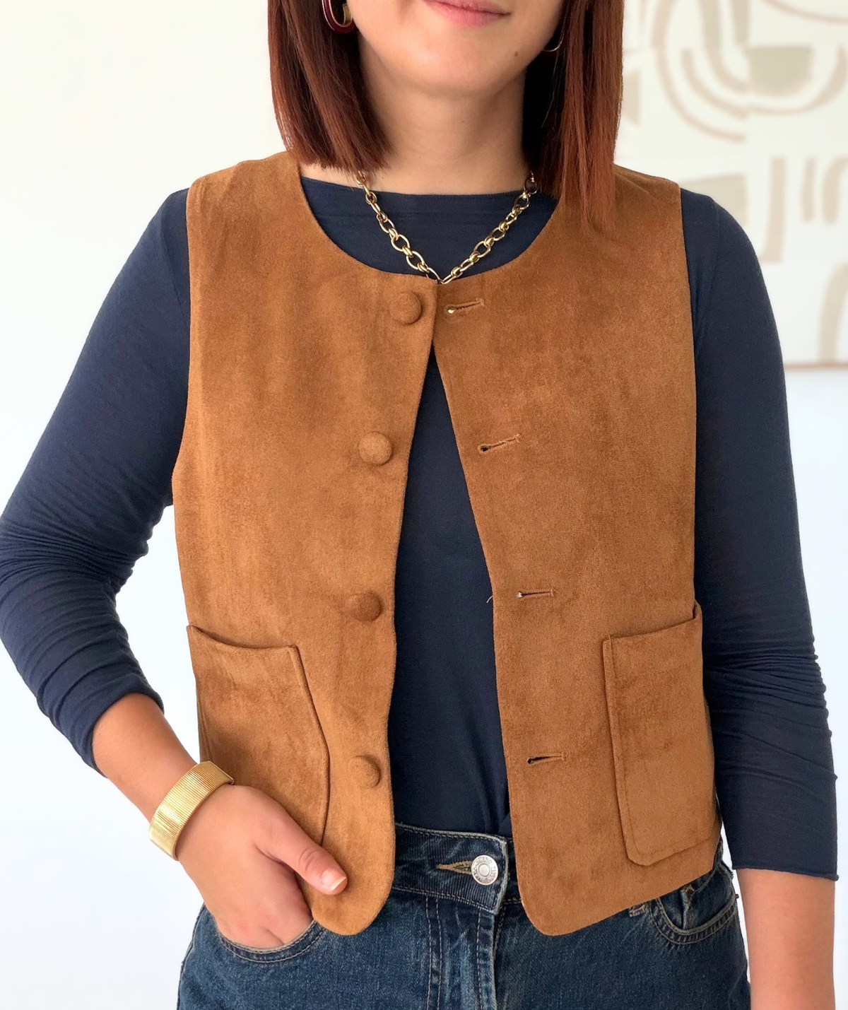 Ninon - Gilet sans manches camel effet suédine
