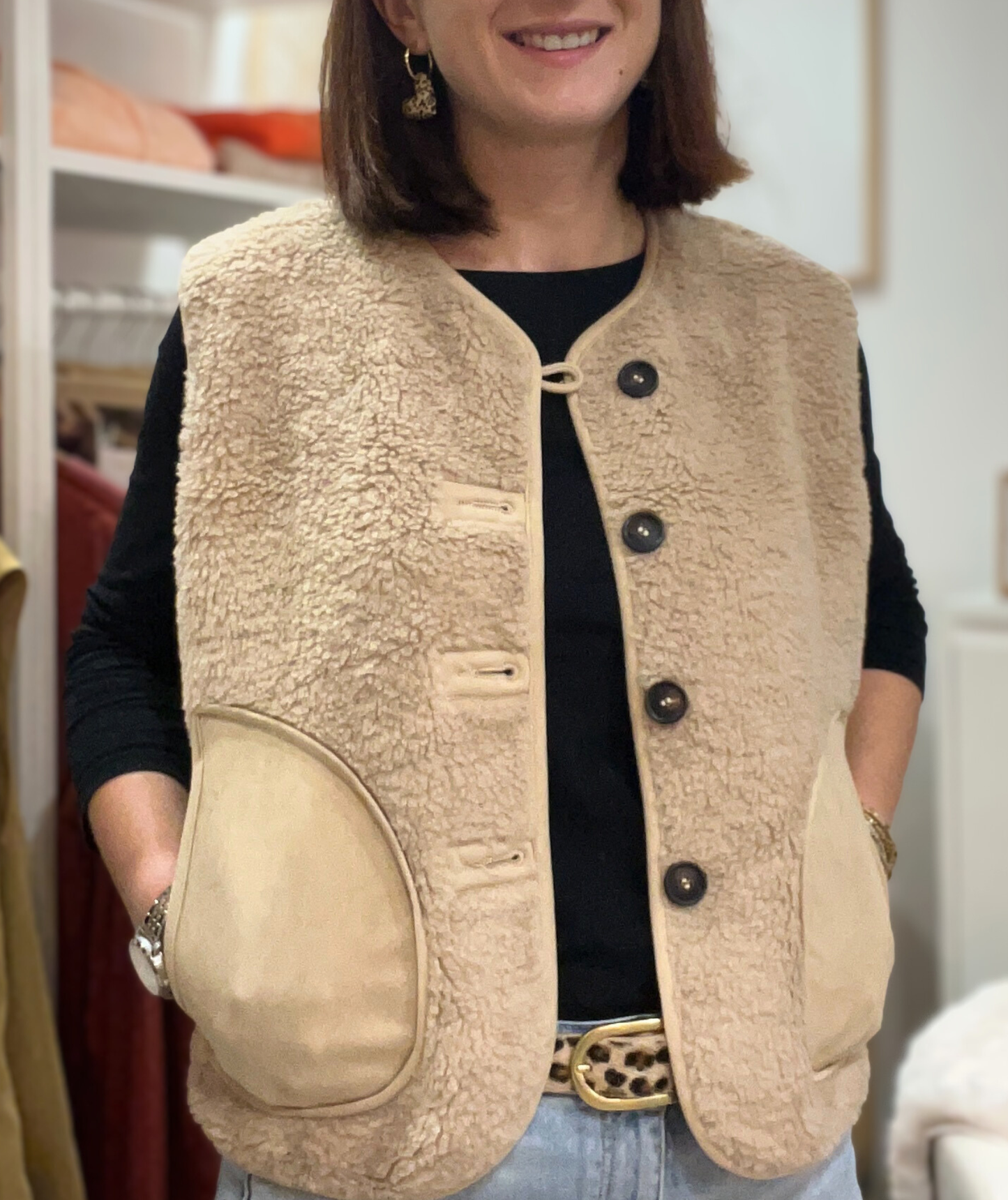Emilia beige - Gilet moumoute réversible