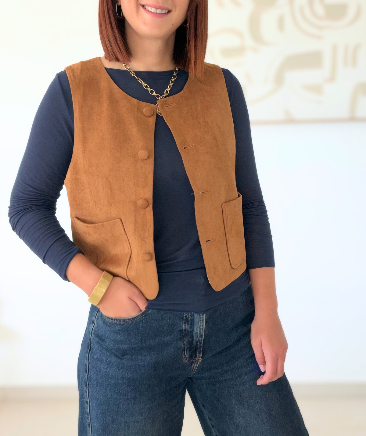 Ninon - Gilet sans manches camel effet suédine