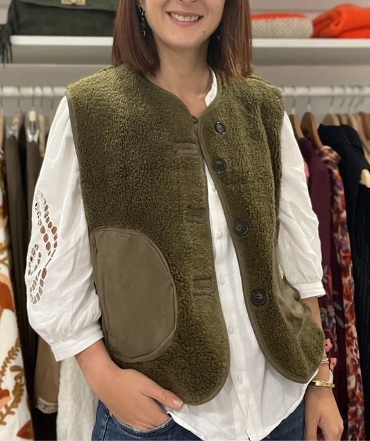 Emilia kaki - Gilet moumoute réversible