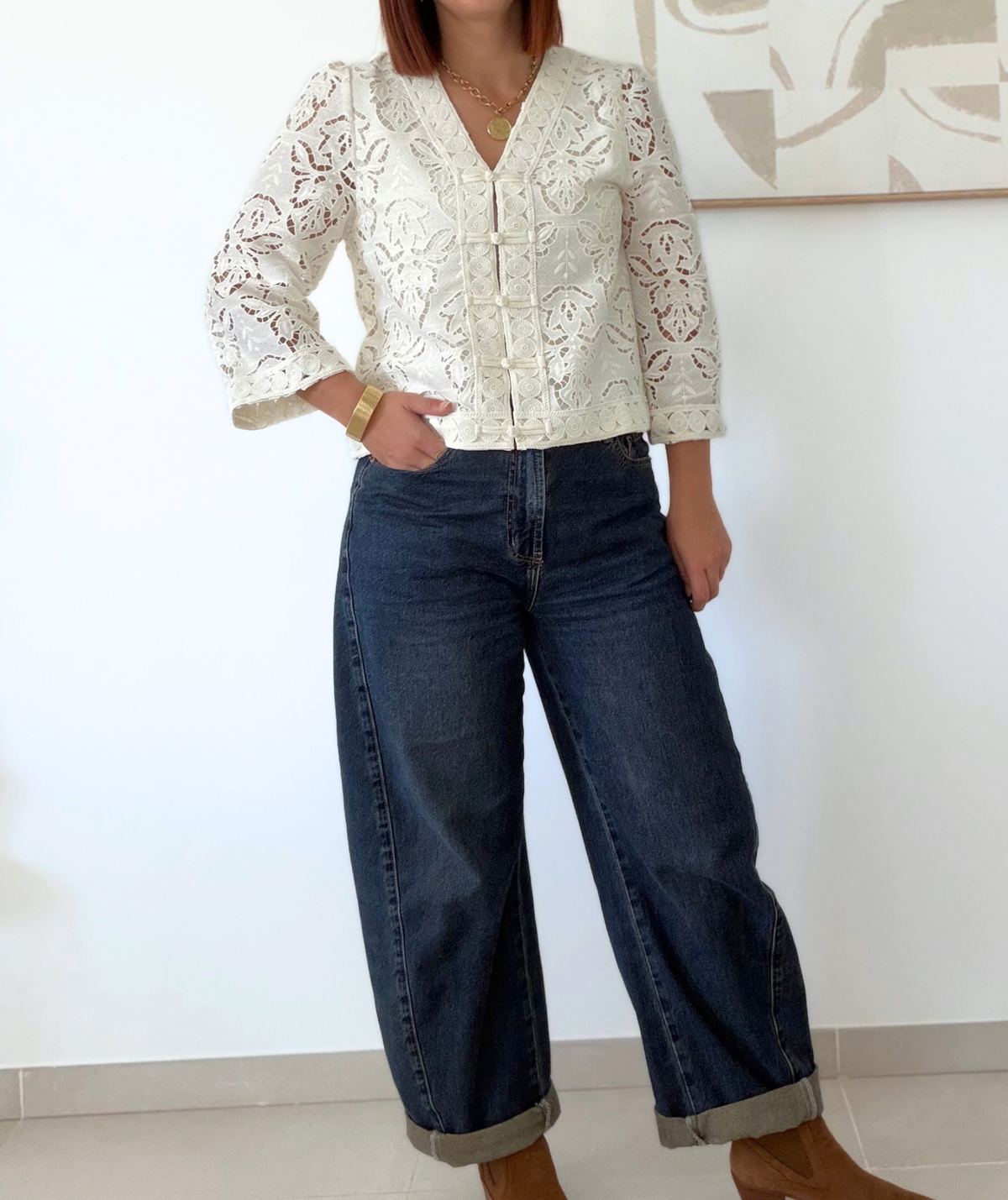 Isaline - Blouse ivoire aux motifs ajourés