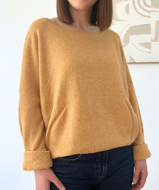 Lauriane jaune moutarde - Pull fin col rond