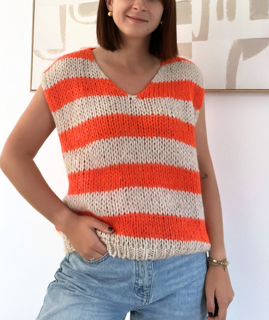 Pull maille sans manches rayé orange