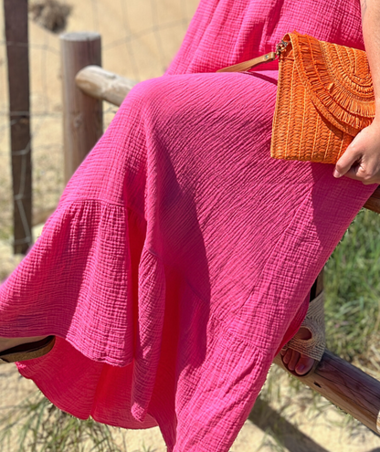 Hortense rose - Robe longue en gaze de coton