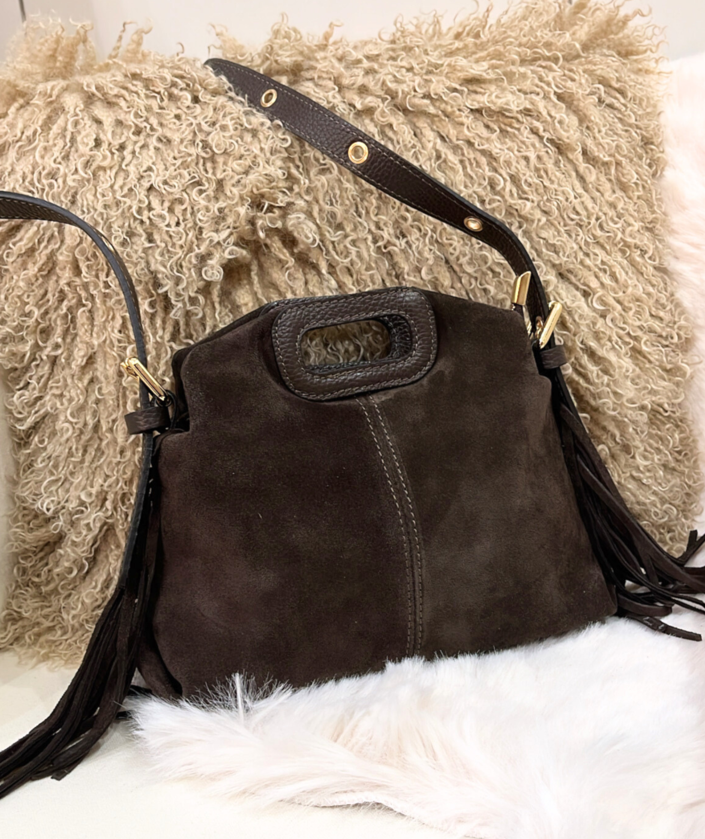 Marlène chocolat - Sac en cuir à franges